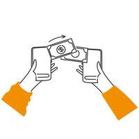 sending and receive money payment from mobile phone to mobile phone in cartoon sketch freehand vector