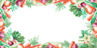 Rectangular frame with onions, leaves, zucchini, carrots in a watercolor illustration. Composition on the theme of harvest for exhibitions and fairs. Illustration is isolated from the background. png