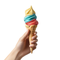 Realistic hand holding Tricolor ice cream cone with three flavors on transparent background and clear look png