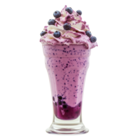 A refreshing blueberry milkshake topped with fresh blueberries and served in a tall glass on a warm day. png