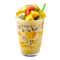 Tropical milkshake, creamy and vibrant, served with an assortment of fresh fruits on top png