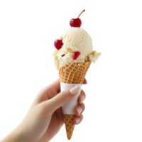 Hand holding creamy vanilla ice cream cone in crisp waffle cone on transparent background perfect for hot weather png