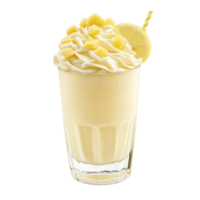 A tall glass filled with a smooth lemon milkshake topped with whipped cream and fresh lemon pieces, perfect for a refreshing treat. png