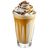 Creamy Cappuccino Milkshake Topped With Whipped Cream and Crunchy Bits Served in a Clear Glass png