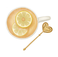 Tea Cup with Lemon Slices and Heart Shaped Stirrer png