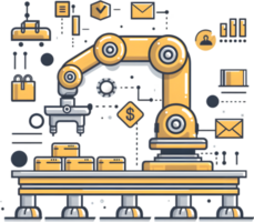 The robot is working on the table with various icons png