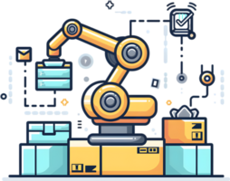 A robot is standing on top of boxes with various items png