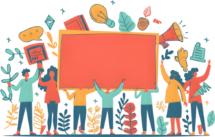 People holding up a red board with icons around it png