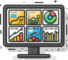 A computer monitor with various graphs and charts png
