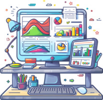 A computer with a monitor, keyboard and mouse on a desk png