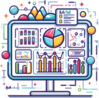An illustration of a computer screen with graphs and charts png