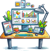 An illustration of a computer desk with a monitor, keyboard, mouse and other items png
