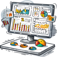 An illustration of a computer screen with graphs and charts png