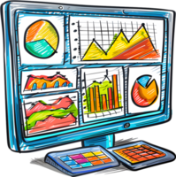 A computer monitor with graphs and charts on it png