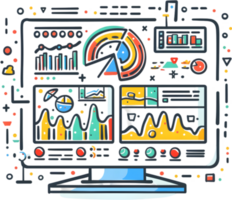 An illustration of a computer screen with graphs and charts png