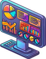 An icon of a computer monitor with graphs and charts png