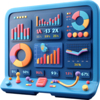 A blue computer with a dashboard of graphs and charts png