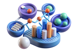 Isometric 3D AI Driven Bioinformatics Elements concept as Abstract elements representing bioinformatics with DNA strands and data sequences. The design is isolated on a whit png