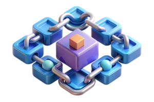 Isometric 3D AI Driven Blockchain Elements concept as Abstract elements representing blockchain technology with digital blocks and chains. The design is isolated on a white png