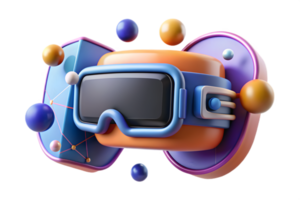 Isometric 3D AI Driven Virtual Reality Elements concept as Abstract elements featuring virtual reality goggles with digital interfaces and immersive patterns. The design is png