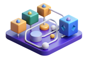 Isometric 3D AI Powered Algorithmic Flow concept as A clean abstract depicting algorithmic flow with geometric shapes and data patterns. The design is isolated on a w png