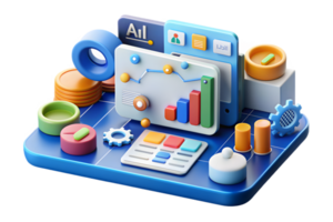 Isometric 3D AI Powered Predictive Analytics Frame concept as A clean border frame with data graphs and algorithmic patterns on the top and bottom edges with ample copy space in th png