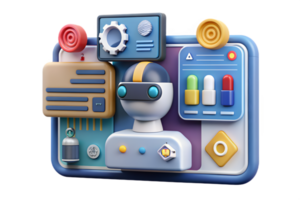 Isometric 3D AI Powered Human Machine Interface Frame concept as A border frame featuring HMI elements on the top and bottom edges with ample copy space in the center. The design s png