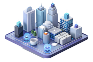 Isometric 3D AI Powered Smart City concept as A minimalistic abstract featuring smart city elements with digital connections and network patterns. The design is isola png