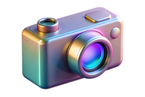 Isometric 3D Holographic Camera with Glowing Lens concept as A digital camera featuring a holographic glowing lens isolated on a glossy white surface. The design includes ample cop png