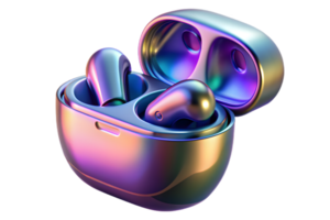 Isometric 3D Holographic Earbuds with Glowing Case concept as A set of wireless earbuds with a holographic glowing case isolated on a glossy white surface. The design includes ampl png