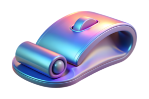 Isometric 3D Holographic Mouse with Glowing Scroll Wheel concept as A modern computer mouse with a holographic glowing scroll wheel isolated on a glossy white surface. The design i png