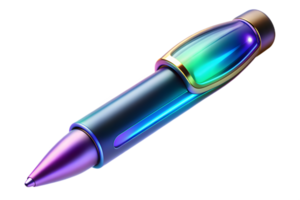Isometric 3D Holographic Pen with Glowing Ink concept as A sleek pen with holographic glowing ink placed on a glossy white surface. The scene is isolated with ample copy space symb png
