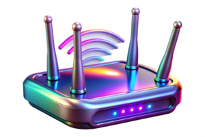 Isometric 3D Holographic Router with Glowing Antennas concept as A Wi Fi router with holographic glowing antennas isolated on a glossy white surface. The scene is isolated with amp png