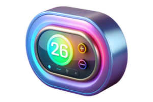 Isometric 3D Holographic Smart Thermostat with Glowing Display concept as A smart thermostat with a holographic glowing display isolated on a glossy white surface. The scene is iso png