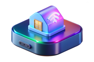Isometric 3D Holographic Smart Home Hub with Glowing Interface concept as A smart home hub with a holographic glowing interface isolated on a glossy white surface. The design inclu png