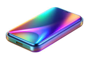Isometric 3D Holographic Smartphone on Glossy Surface concept as A sleek smartphone with holographic glowing edges resting on a glossy surface. The scene is isolated on a white bac png