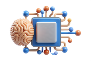 A brain and a computer chip surrounded by many different colored balls png