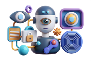 Isometric AI Driven Digital Identity Elements concept as Abstract elements featuring digital identity symbols with biometric patterns and data streams. The design is isolate png
