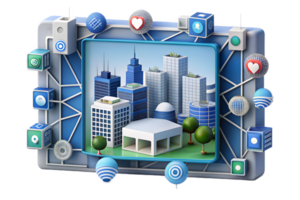 Isometric AI Driven Smart City Frame concept as A border frame with smart city elements on the left and right sides leaving the center as copy space. The design highlights AI drive png