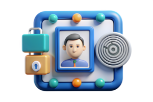 Isometric AI Powered Digital Identity Frame concept as A clean border frame featuring biometric patterns and data streams on the top and bottom edges providing ample copy space in png