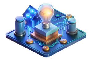Isometric AI Powered Innovation Lab concept as A glowing abstract digital art banner depicting an innovation lab filled with digital waves and circuits representing the transformat png