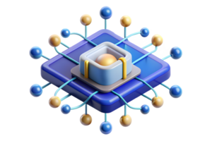 Isometric AI Powered Quantum Computing concept as A minimalistic abstract featuring quantum computing elements with digital connections and particle patterns. The des png
