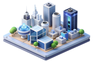 Isometric AI Powered Smart City concept as A minimalistic abstract featuring smart city elements with digital connections and network patterns. The design is isolated png