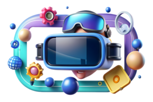 Isometric AI Powered Virtual Reality Border Frame concept as A border frame with VR headset and immersive elements on the top and bottom edges with ample copy space in the center. png