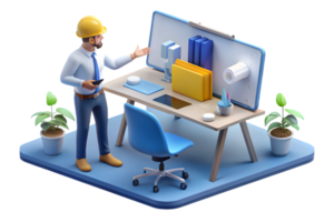 A man in a hard hat and helmet is standing at a desk with a computer png