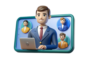 A man in a suit is sitting at a computer with a group of people around him png