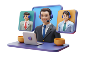 A man in a suit and tie is sitting at a computer with two people on the screen png