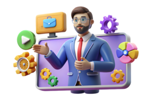 A man in a suit and tie is holding a tablet with gears and icons png