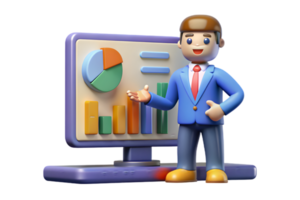 A cartoon man in a suit is standing next to a computer screen with a chart on it png