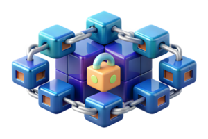 Isometric Flat AI Driven Blockchain Elements concept as Abstract elements representing blockchain technology with digital blocks and chains. The design is isolated on a whit png